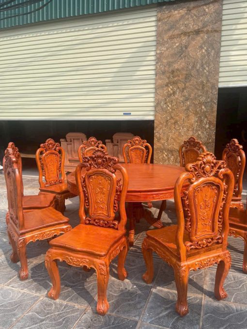 Bộ Bàn ăn tròn 1m37 kèm ghế hồng hạt gỗ hương đá cao cấp