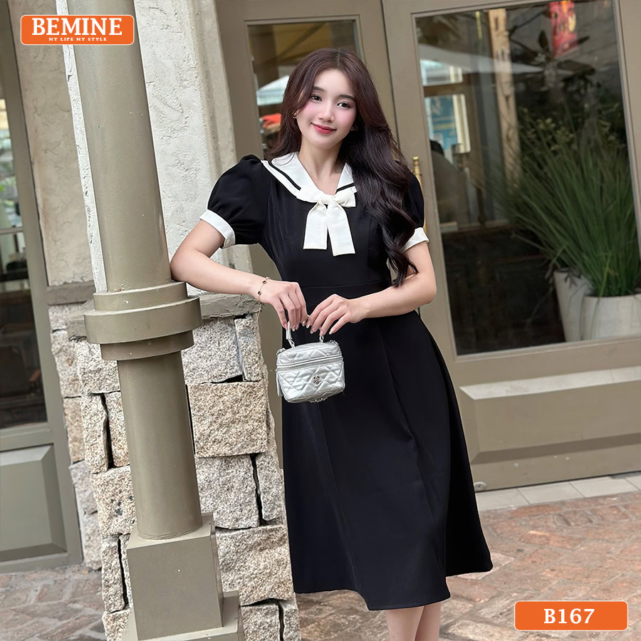 Đầm thiết kế BEMINE cổ thủy thủ phối nơ B167