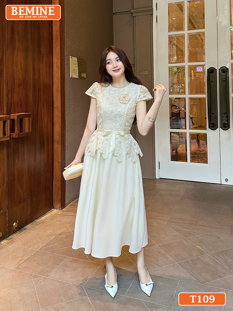 Đầm Thiết Kế Cao Cấp BEMINE Cổ Tròn Phối Ren Đi Tiệc T109